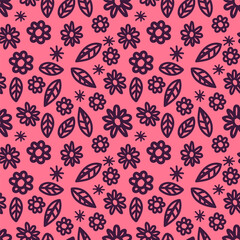 Fototapeta premium Vector stylish abstract floral seamless pattern for female fabric design or wallpaper. Contemporary art seamless texture in hand-drawn style, Flowers, lines and dots.