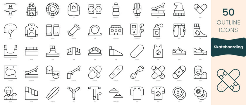 Set of skateboarding icons. Thin linear style icons Pack. Vector Illustration