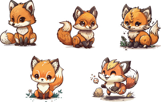 Vector collections of chibi and cute foxes for children cartoons. Collection of fox