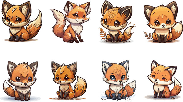 Vector collections of chibi and cute foxes for children cartoons. Collection of fox
