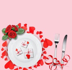 Set of colored hearts and plate. Concept of Valentines day