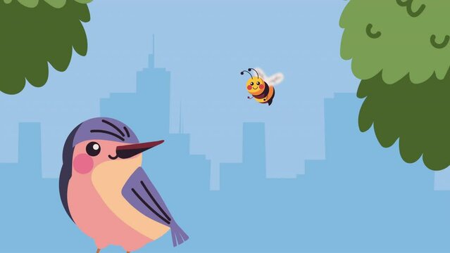 cute bee and bird animation
