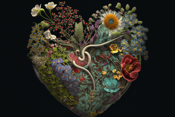 Floral heart with decorative plants and flowers