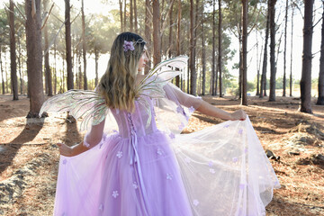 portrait of beautiful young  model wearing a purple princess fantasy ball gown, flower crown diadem.  Standing pose with flowing dress.  golden afternoon, backlit silhouette in  pine forest location