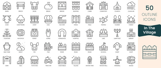 Set of in the village icons. Thin linear style icons Pack. Vector Illustration