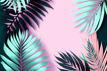 Tropical neon, iridescent, green palm leaves, floral pattern background illustration with copy space