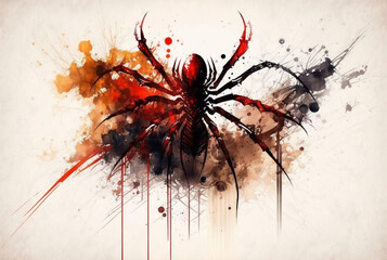 Colorful watercolor painting of tarantula spider with splashing paint.