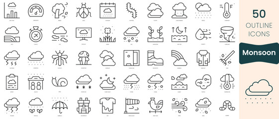 Obraz na płótnie Canvas Set of monsoon icons. Thin linear style icons Pack. Vector Illustration