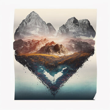 Abstract illustration with heart and mountain landscape