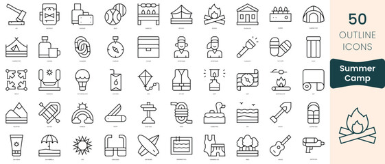 Set of summer camp icons. Thin linear style icons Pack. Vector Illustration