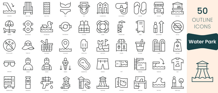 Set of water park icons. Thin linear style icons Pack. Vector Illustration