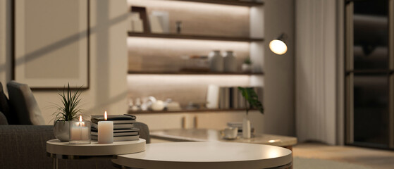 Copy space on modern coffee tabletop over blurred background of modern luxury living room.