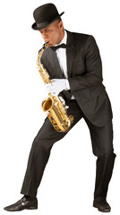 American jazz saxophonist in hat playing on gold saxophone