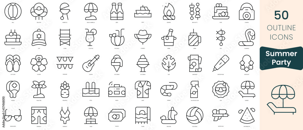 Wall mural Set of summer party icons. Thin linear style icons Pack. Vector Illustration