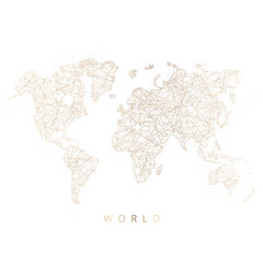 Low poly map of World. Gold polygonal wireframe. Glittering vector with gold particles on white background. Vector illustration eps 10.