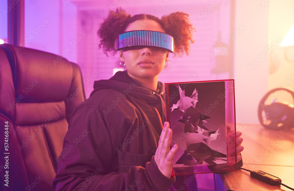 Aufkleber woman, virtual reality glasses and 3d metaverse gamer for futuristic gaming in room. person with vr 