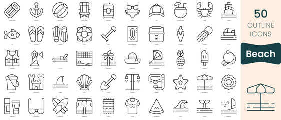 Set of beach icons. Thin linear style icons Pack. Vector Illustration