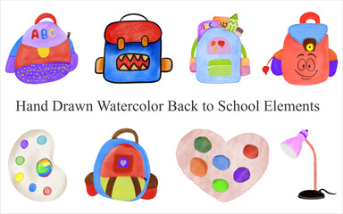 Hand Drawn Back to School Elements Set Watercolor