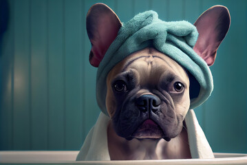 Cute French bulldog dog is sitting in the bathtub with a blue towel on his head