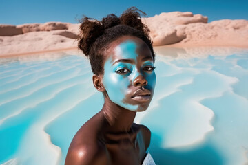African American woman posing on a beach in summer. Crystalline waters. Blue tones. generate by ai