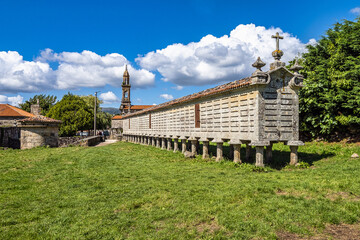 The long and narrow grain store, horreo at Carnota in Galicia, Spain.
