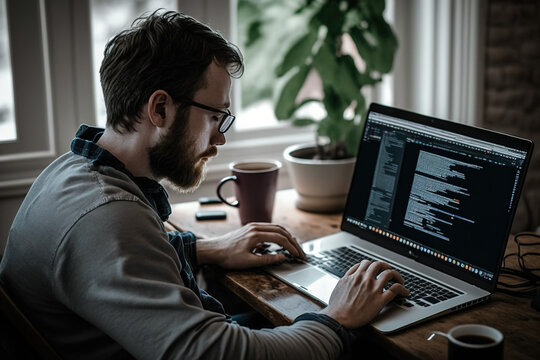 Web and software programmer working with his computer. Web designer. Generate by AI