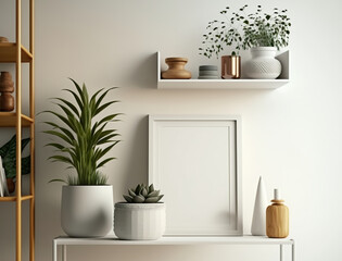 Fototapeta na wymiar Scandinavian room interior with mock up photo frame with beautiful plants - Generative AI