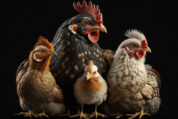 Fototapeta premium A chicken family. A rooster, a hen and chicks. Created using Generative AI