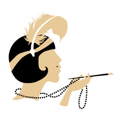 A girl in the style of Gatsby. Art Deco style. A beautiful girl with a short haircut and a cigarette in the mouthpiece. Vector illustration isolated on a white background for design.