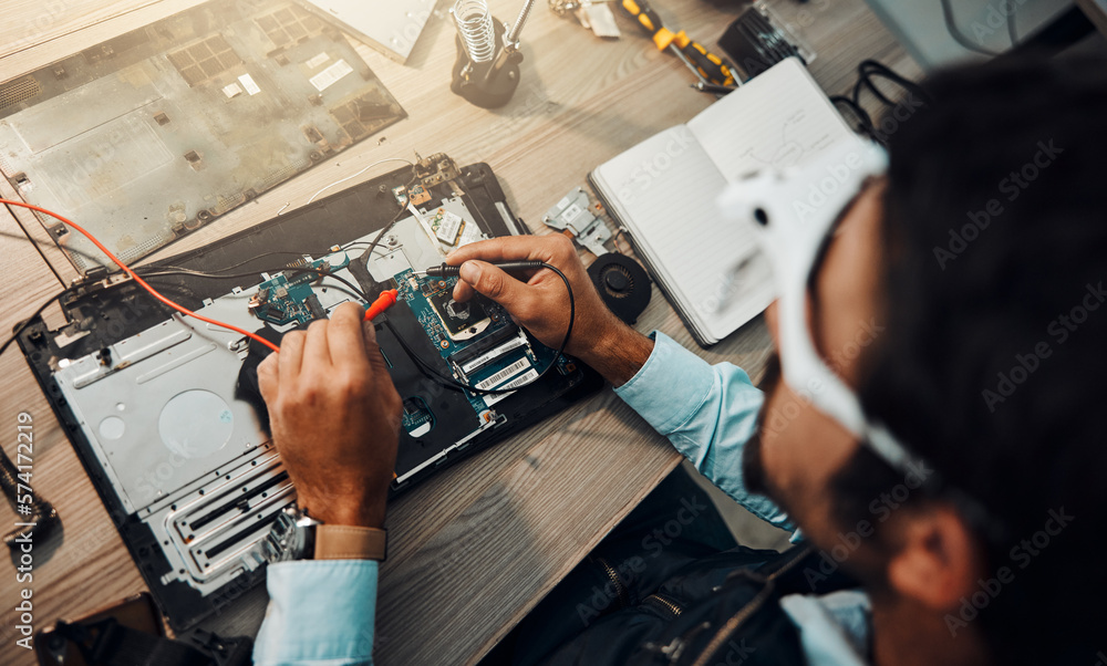 Poster hardware, engineering and it professional repair motherboard, microcircuit or electronic device in a