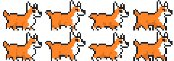 Dog walk cycle animation 8 bit pixel art. Cartoon animate frame by frame, sprite sheet for video game, vector illustration isolated on white background.