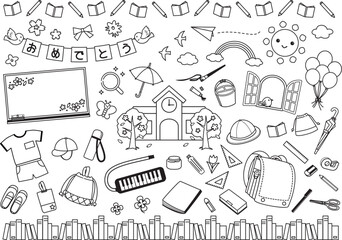 小学校イメージの白黒線画セット