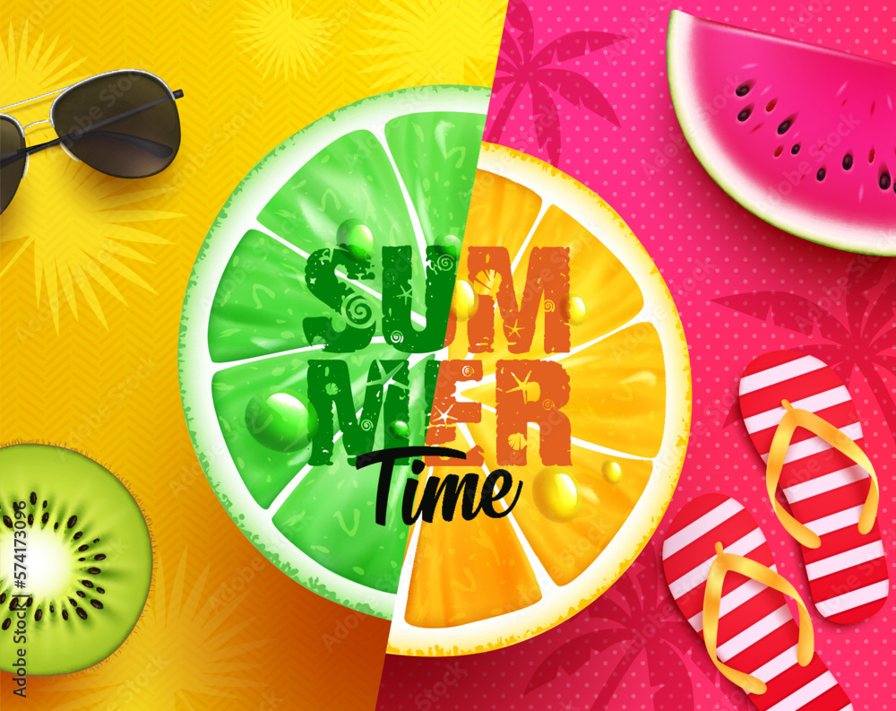Poster summer time vector design. summer time text with lemon and lime tropical fruits in background. vecto
