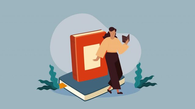 text books library with woman reading animation