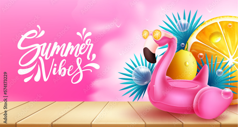 Poster summer vibes vector background. summer vibes text in empty space with flamingo inflatable floater el
