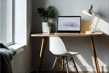 Minimalist bright desk in co-working office room with laptop and copy space on wooden table