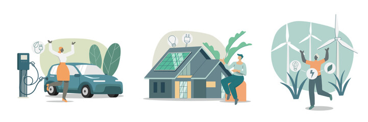 Set of sustainable, Environmental care and use clean green energy, Electric car charging station, 
Modern ecology house and solar energy, Wind turbines generate electricity. Vector illustration.
