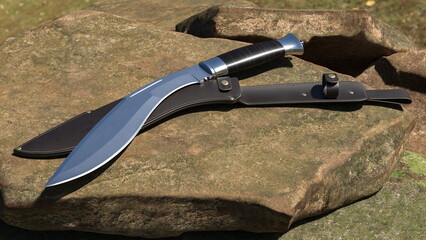 Kukri knife and leather scabbard lying on a stone. 3D rendering