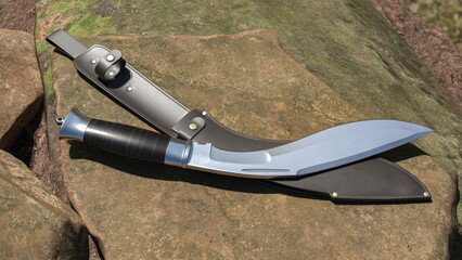 Kukri knife and leather scabbard lying on a stone. 3D rendering