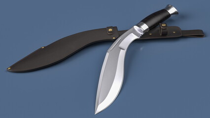 Kukri knife and leather scabbard lying on a grey plane. 3D rendering