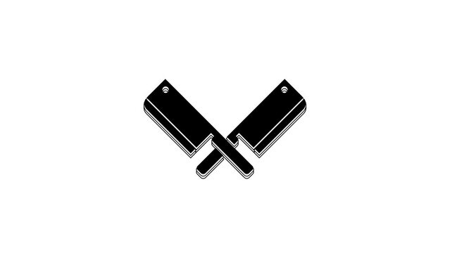 Black Crossed meat chopper icon isolated on white background. Kitchen knife for meat. Butcher knife. 4K Video motion graphic animation