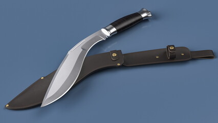 Kukri knife and leather scabbard lying on a grey plane. 3D rendering