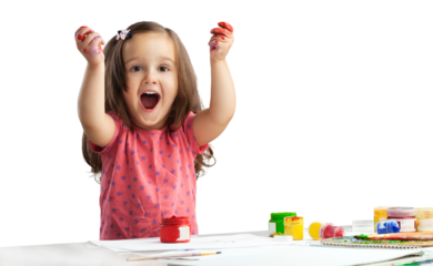 Cute happy girl showing painted hand palms