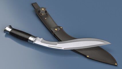 Kukri knife and leather scabbard lying on a grey plane. 3D rendering