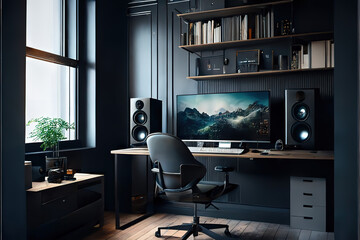 Modern contemporary dark home office interior design with pc computer, VR headset gaming