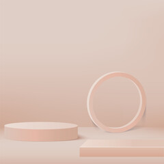 3d cream color podium and minimal cream color wall scene. 3d podium minimal abstract background. Pastel color abstract room design. Vector