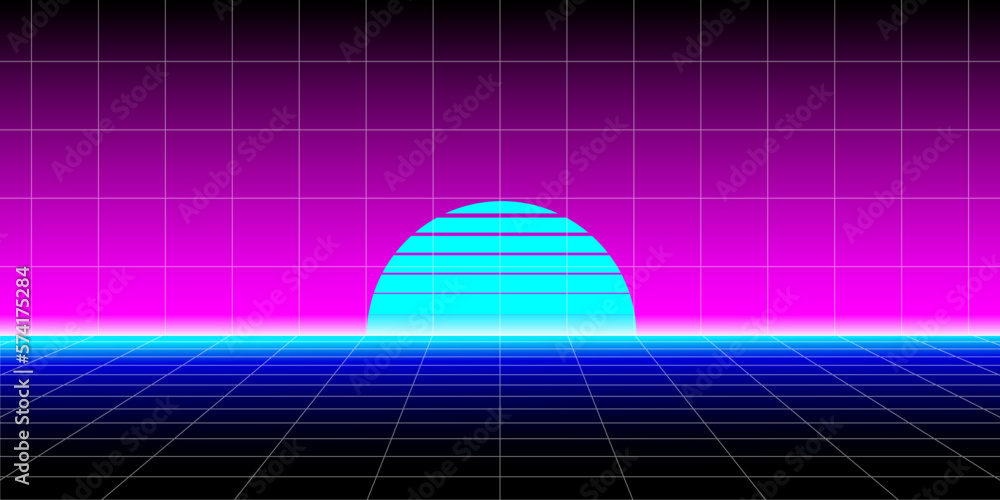 Poster Sunset with retro futuristic wireframe and color gradient