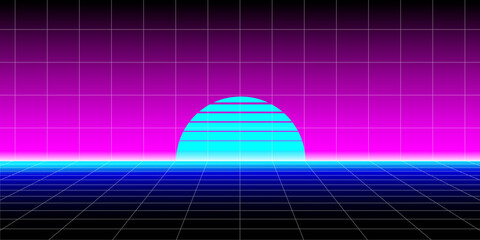 Sunset with retro futuristic wireframe and color gradient