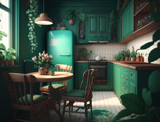 Emerald green interior of kitchen in modern eco style with plants and wood