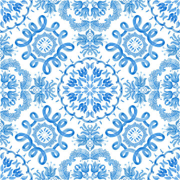 Watercolor painted tile, indigo blue hand drawn Baroque and floral ornaments isolated on a transparent background. Damask seamless pattern